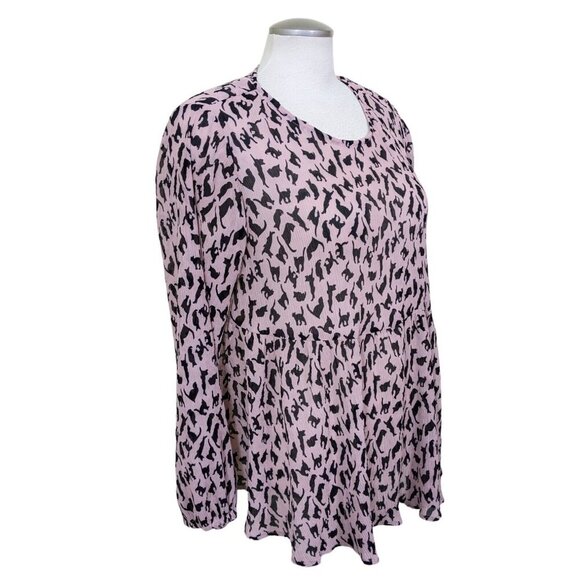 Cat Print Babydoll Top Womens XL Pink Plisse Blouse Long Balloon Sleeve Light - Picture 5 of 9